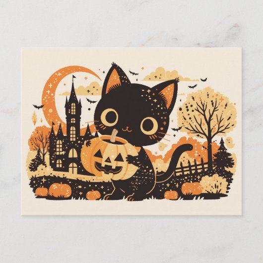 Adorable Black Cat with Jack-o’-lantern Feestdagenkaart (Voorkant)