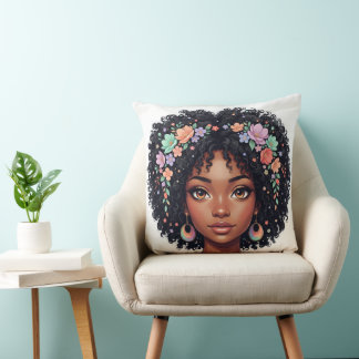Adorable Black Girl W/ Flower Crown Afro Kussen
