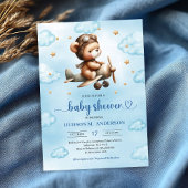 Adorable blue aviator teddy bear boy baby shower kaart