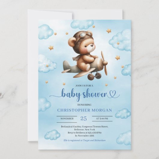 Adorable blue aviator teddy bear boy baby shower kaart (Voorkant)