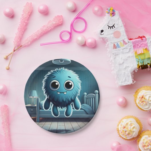 Adorable Blue Fluffy Creature Papieren Bordje (Feest)