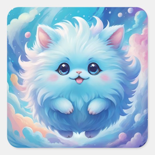 Adorable blue fluffy creature vierkante sticker (Voorkant)