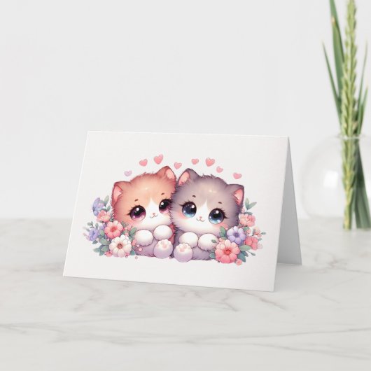 Adorable Blushing Kitten Pair Heart & Floral Blank Kaart (Voorkant)