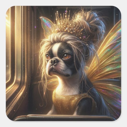 Adorable Boston Terrier Fairy Vierkante Sticker (Voorkant)