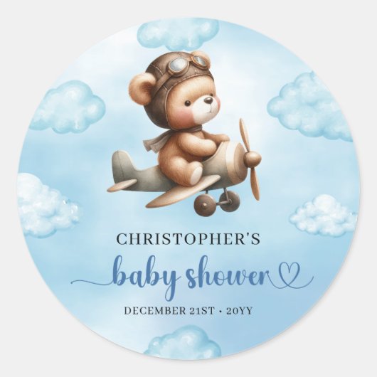 Adorable Boy Shower Teddy Pilot Airplane Sticker (Voorkant)