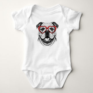 Adorable Bulldog in Red Heart Glasses - Love Dog Romper
