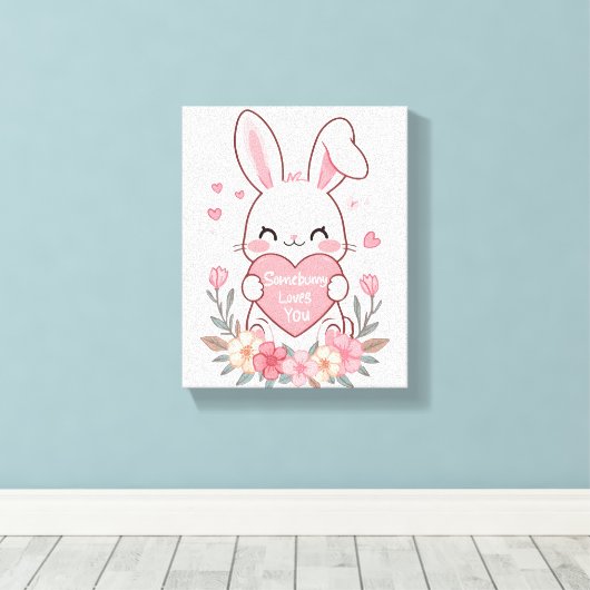 Adorable Bunny with a Love Heart Canvas Afdruk (Insitu (Houten vloer))