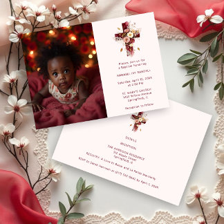 Adorable Burgundy Glitter Floral Cross Baptism Kaart
