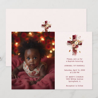 Adorable Burgundy Glitter Floral Cross Baptism Kaart