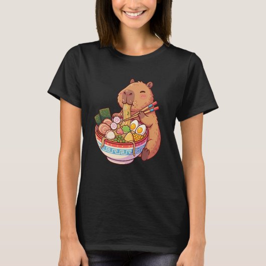 Adorable Capybara Eating Ramen Noodles Kawaii Desi T-shirt (Voorkant)