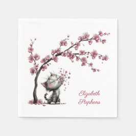 Adorable Cat and Cherry Blossoms Paper Napkin Servet