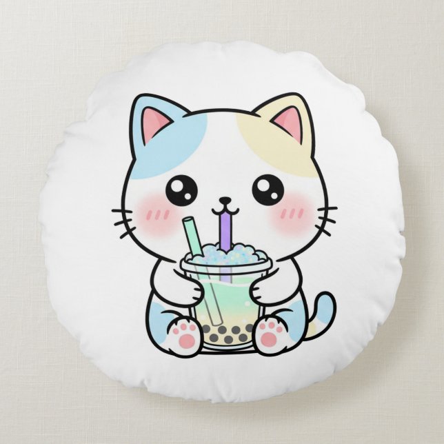 Adorable Cat with Drink – Throw Pillow Rond Kussen (Voorkant)