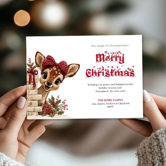 Adorable Christmas kids card with peeking reindeer Feestdagenkaart
