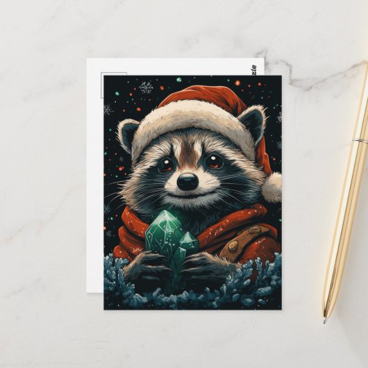 Adorable Christmas Raccoon Briefkaart (Voorkant / Achterkant in situ)