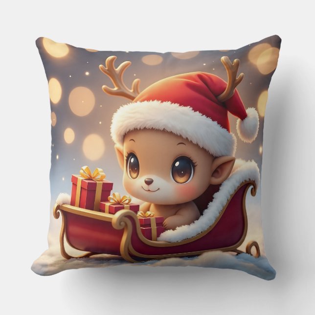   "Adorable Christmas Reindeer Sleigh Pillow Desig Kussen (Voorkant)
