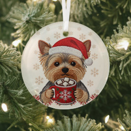 Adorable Christmas Yorkshire Terrier Glas Ornament
