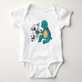 Adorable Cow and Turtle Hugging Cartoon Romper