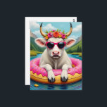 Adorable Cow on a Float Trip Briefkaart<br><div class="desc">A cool cow enjoys a summer float trip in a inflatable sprinkled and pink glazed donut floatie fantasy AI generated art</div>