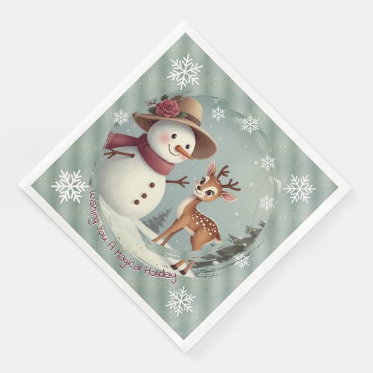 Adorable Deer And Snowman Holiday Servet (Hoek)