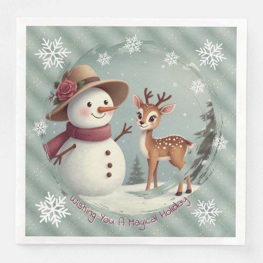 Adorable Deer And Snowman Holiday Servet (Voorkant)