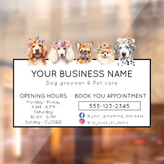 Adorable dogs with flower crown opening hours raamsticker (Vel 2)