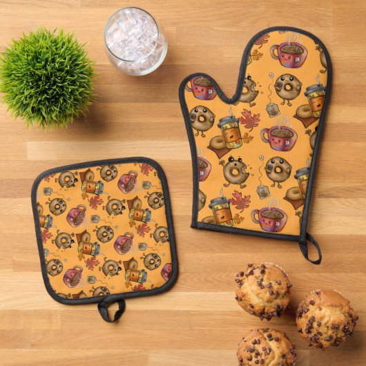 Adorable Doughnuts and Tea pattern Ovenwant & Pannenlap Set (Top down)