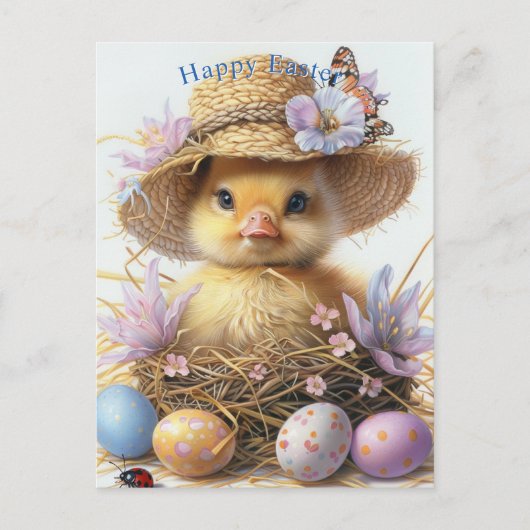 Adorable Duckling Straw Hat Easter Egg Flowers Briefkaart (Voorkant)