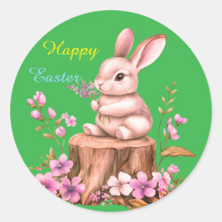 Adorable Easter Bunny on Tree Stump Sticker