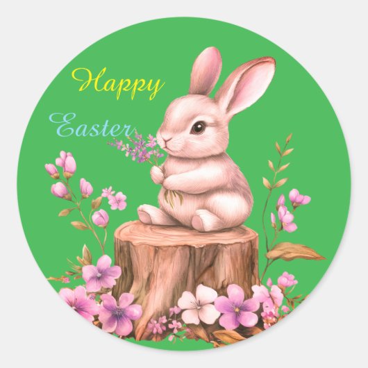 Adorable Easter Bunny on Tree Stump Sticker (Voorkant)