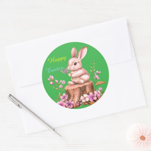 Adorable Easter Bunny on Tree Stump Sticker (Envelop)