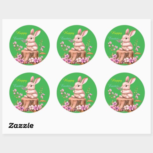 Adorable Easter Bunny on Tree Stump Sticker (Vel)