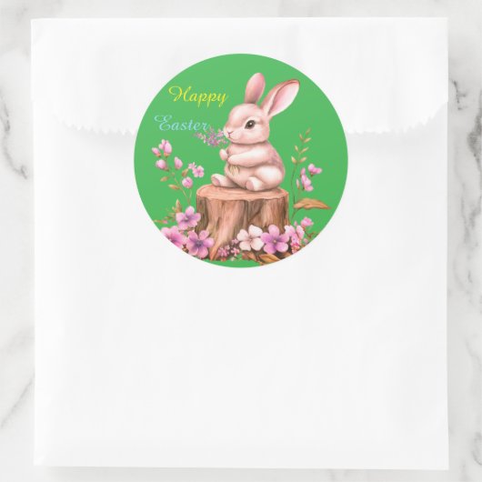 Adorable Easter Bunny on Tree Stump Sticker (Tas)