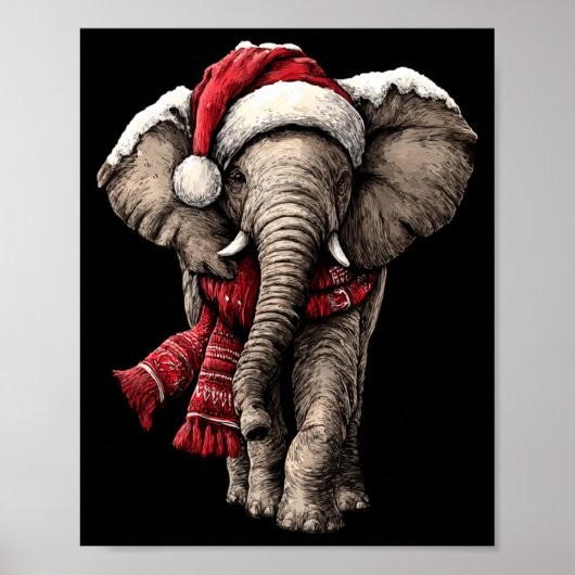 Adorable Elephant In Santa Hat Snowy Winter Christ Poster (Voorkant)