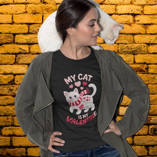 Adorable Faux Yarn My Cat Is My Valentine Design T-shirt