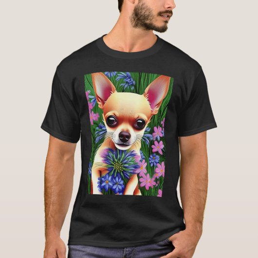 Adorable Fawn Chihuahua Playing in Flowers T-shirt (Voorkant)