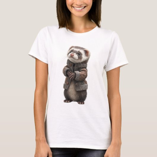 Adorable Ferret in Knitted Brown Cardigan T-shirt (Voorkant)