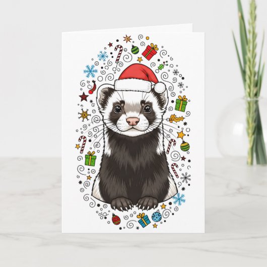 Adorable Ferret in Santa Hat Merry Christmas Card Kaart (Voorkant)