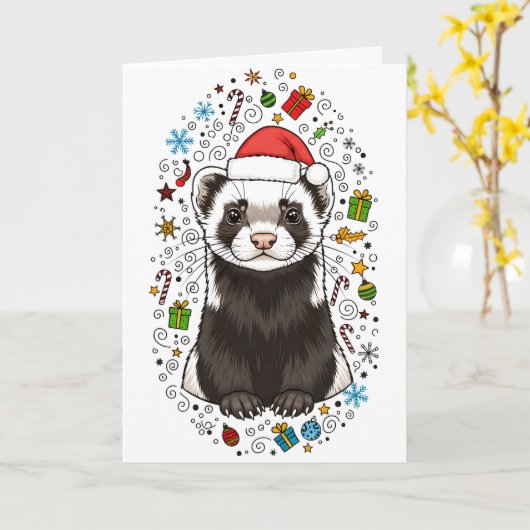 Adorable Ferret in Santa Hat Merry Christmas Card Kaart (Gele Bloem)