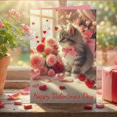 Adorable Fluffy Kitten with Roses Valentine's Day Kaart