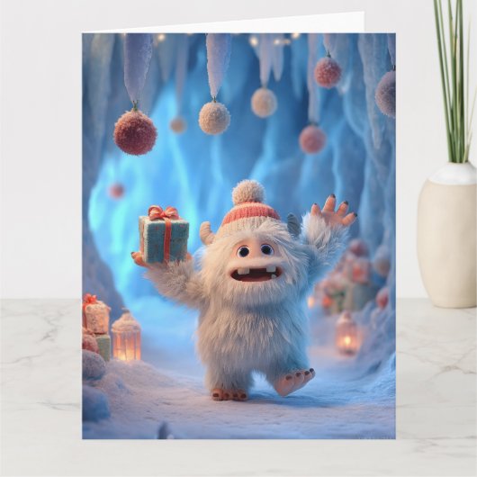 Adorable Fluffy Yeti Creature Celebrating Kaart (Voorkant)