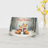Adorable Fox Christmas Snowy Woods and Red Scarf Kaart (Gele Bloem)