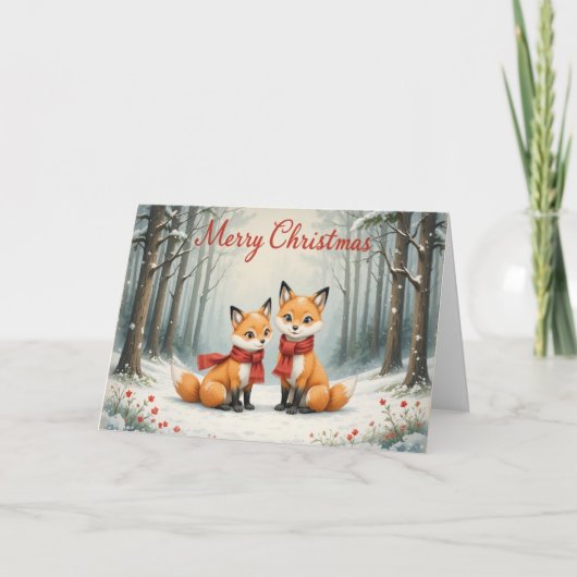 Adorable Fox Christmas Snowy Woods and Red Scarf Kaart (Voorkant)