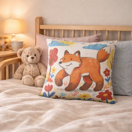 Adorable Fox Walking Among Flowers Drawing Kids Kussen