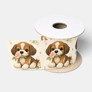 Adorable Gebreide Puppy met Bloemen Satijnen Lint