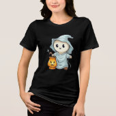 Adorable Ghost with Pumpkin Lantern Tri-Blend Shirt (Voorkant)