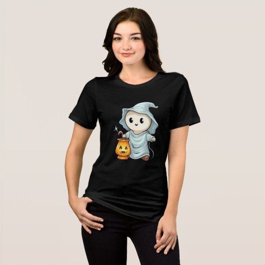 Adorable Ghost with Pumpkin Lantern Tri-Blend Shirt (Voorkant volledig)