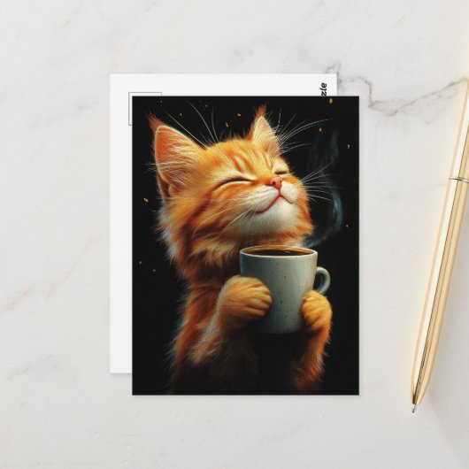 Adorable Ginger Kitty With a Coffee Briefkaart (Voorkant / Achterkant in situ)