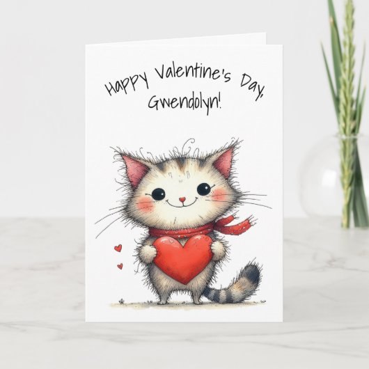 Adorable Gray and White Cat Happy Valentine's Day Kaart (Voorkant)