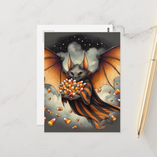 Adorable Halloween Bat With Candy Briefkaart (Voorkant / Achterkant in situ)