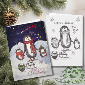 Adorable Hand Drawn Penguin Family Christmas Card Feestdagen Kaart